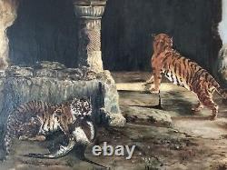1909 Original Antique Tigers In The Ancient Ruins Oil Painting BETH BROOKS RARE