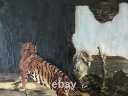 1909 Original Antique Tigers In The Ancient Ruins Oil Painting BETH BROOKS RARE