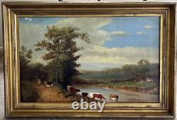 19th Century Old Antique European Cattle Landscape Impressionist Oil Painting