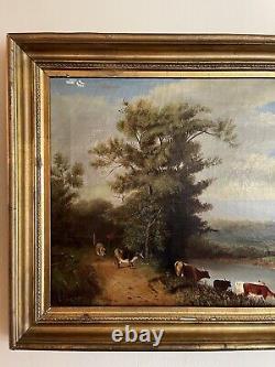 19th Century Old Antique European Cattle Landscape Impressionist Oil Painting