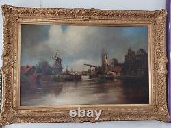 19thC Antique Oil Painting Signed Dutch School Windmill Harbor Scene, signed