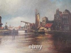 19thC Antique Oil Painting Signed Dutch School Windmill Harbor Scene, signed