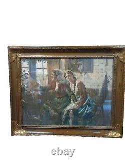 19thC Antique Victorian Genre Oil Painting Mother Daughter Signed See Descript