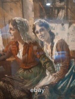 19thC Antique Victorian Genre Oil Painting Mother Daughter Signed See Descript