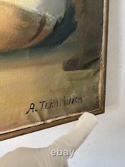 A Teramura Antique Japanese Guitar Woman Oil Painting Old Vintage Modern 1950