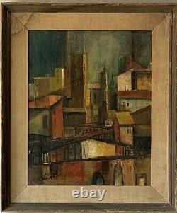 AKKE KUMLIEN ANTIQUE MODERN ABSTRACT CITYSCAPE OIL PAINTING VINTAGE CUBISM 1940s