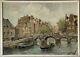 Antique Amstel River Amsterdam Landscape Oil Painting Old Netherlands Bridge 50s
