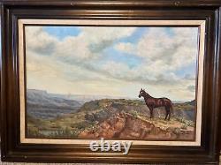 ANTIQUE CALIFORNIA WESTERN HORSE LANDSCAPE OIL PAINTING OLD 1960s Signed