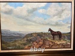ANTIQUE CALIFORNIA WESTERN HORSE LANDSCAPE OIL PAINTING OLD 1960s Signed
