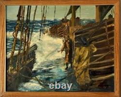 ANTIQUE FIGURATIVE BOAT SHIP SEASCAPE LANDSCAPE OIL PAINTING OLD VINTAGE WPA 40s