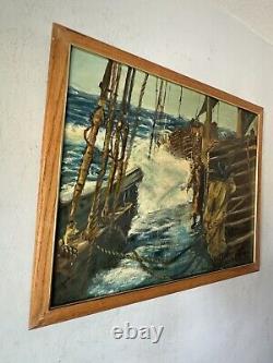 ANTIQUE FIGURATIVE BOAT SHIP SEASCAPE LANDSCAPE OIL PAINTING OLD VINTAGE WPA 40s