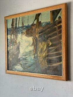 ANTIQUE FIGURATIVE BOAT SHIP SEASCAPE LANDSCAPE OIL PAINTING OLD VINTAGE WPA 40s