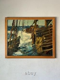 ANTIQUE FIGURATIVE BOAT SHIP SEASCAPE LANDSCAPE OIL PAINTING OLD VINTAGE WPA 40s