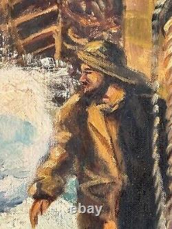 ANTIQUE FIGURATIVE BOAT SHIP SEASCAPE LANDSCAPE OIL PAINTING OLD VINTAGE WPA 40s