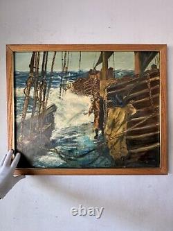 ANTIQUE FIGURATIVE BOAT SHIP SEASCAPE LANDSCAPE OIL PAINTING OLD VINTAGE WPA 40s