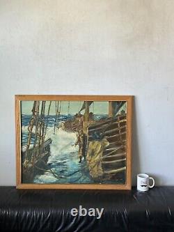 ANTIQUE FIGURATIVE BOAT SHIP SEASCAPE LANDSCAPE OIL PAINTING OLD VINTAGE WPA 40s