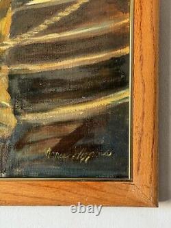 ANTIQUE FIGURATIVE BOAT SHIP SEASCAPE LANDSCAPE OIL PAINTING OLD VINTAGE WPA 40s