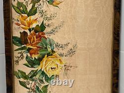 ANTIQUE FLORAL ROSES OIL PAINTING ON SILK / SATIN CASCADING FLOWERS 19TH-20TH c