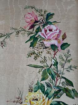 ANTIQUE FLORAL ROSES OIL PAINTING ON SILK / SATIN CASCADING FLOWERS 19TH-20TH c