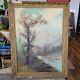 Antique Large Oil Landscape Impressionist Gesso Framed Ornate Elk 48x36 1910 B4