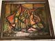 Antique Mid Century Modern Cubist Oil Painting Old Vintage Abstract 1950 Signed