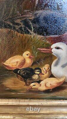 ANTIQUE OIL PAINTING Board In Style Of John Frederick Herring Sr Ducks Ducklings