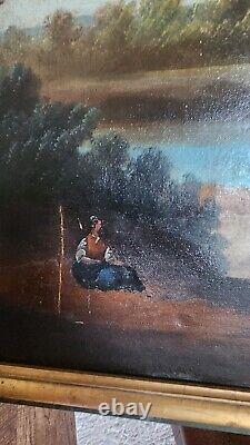 ANTIQUE OIL PAINTING On Canva Landscape Framed Dark And Moody Art European 44x23