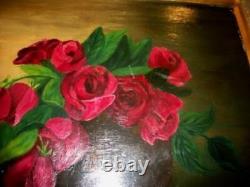 ANTIQUE VICTORIAN ROSES OIL PAINTING 1911 CANVAS BOARD SIGNED 18 x 24 REFRAMED