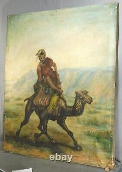 AS IS Antique Orientalist Oil Painting 1890 Vintage Arab Riding Camel To Restore