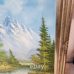 American Antique Oil Painting Mountain River Forest Landscape Signed C. Helen