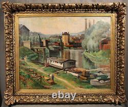 American Large Expressionistic Landscape Antique Oil Painting signed