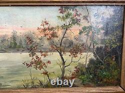 Antique 1814 Lake & Woods Landscape Oil Painting on Cardboard 43 Dated