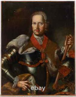 Antique 18th Century Large Oil Painting Portrait of a Nobleman in Armor d