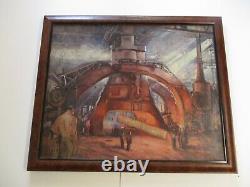 Antique 1920's Masterful Oil Painting Large Factory Industrial Workers Labor Old