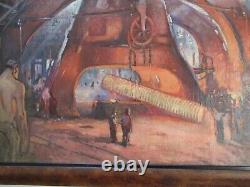 Antique 1920's Masterful Oil Painting Large Factory Industrial Workers Labor Old