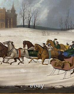 Antique 19th C. American Folk Art Winter Horses Sleighs Landscape Oil PROVENANCE