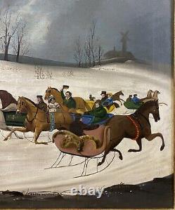 Antique 19th C. American Folk Art Winter Horses Sleighs Landscape Oil PROVENANCE