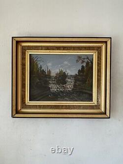 Antique 19th C Landscape Waterfall Impressionist Oil Painting Old Hudson River
