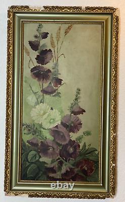 Antique 19th C. Oil On Board Floral Still Life Painting Gold Gilted Gesso Frame