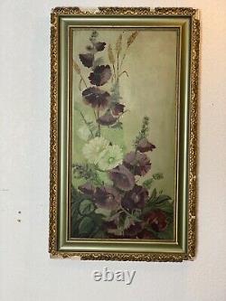 Antique 19th C. Oil On Board Floral Still Life Painting Gold Gilted Gesso Frame