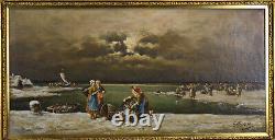 Antique 19th C. Oil Painting Fisherfolk Sorting the Catch signed G. Birkett