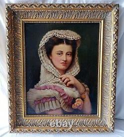 Antique 19th C. Oil Painting Portrait of a Beautiful Italian Woman Large Frame