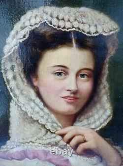 Antique 19th C. Oil Painting Portrait of a Beautiful Italian Woman Large Frame