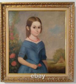 Antique 19th C Young Girl Portrait in Blue Dress Red Flower Oil Painting Framed