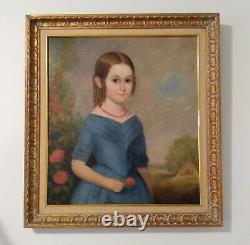 Antique 19th C Young Girl Portrait in Blue Dress Red Flower Oil Painting Framed