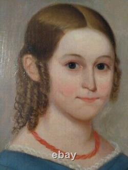 Antique 19th C Young Girl Portrait in Blue Dress Red Flower Oil Painting Framed