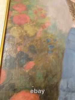 Antique 19th C Young Girl Portrait in Blue Dress Red Flower Oil Painting Framed