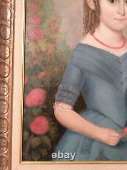 Antique 19th C Young Girl Portrait in Blue Dress Red Flower Oil Painting Framed