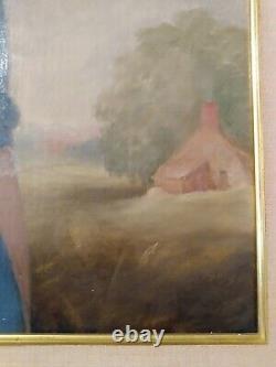 Antique 19th C Young Girl Portrait in Blue Dress Red Flower Oil Painting Framed