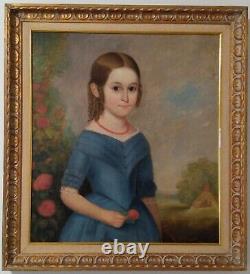 Antique 19th C Young Girl Portrait in Blue Dress Red Flower Oil Painting Framed